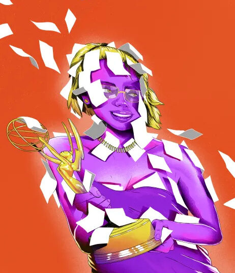 An illustration of a person holding an Emmy award with little note papers stuck to them