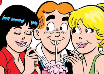 Original comic art of Veronica, Archie, and Betty sharing a malt.