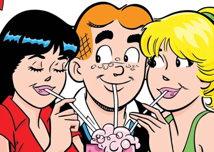 Original comic art of Veronica, Archie, and Betty sharing a malt.