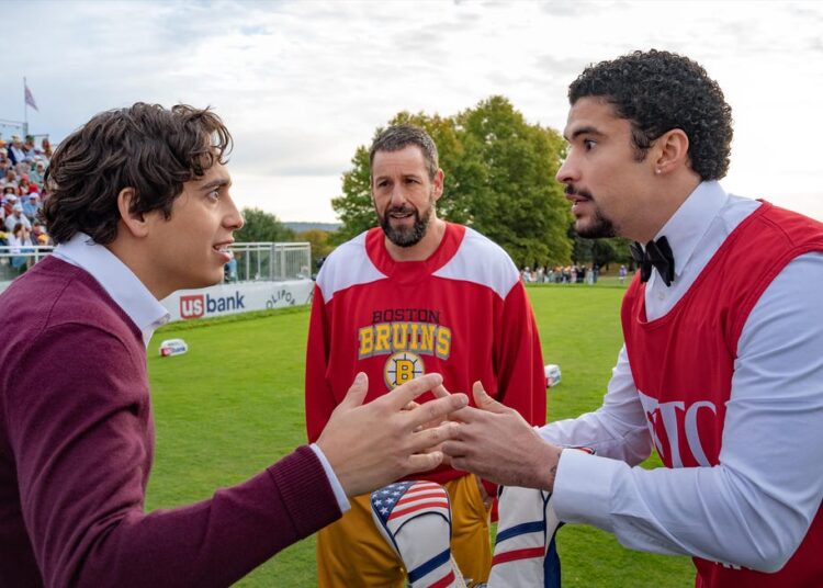 left to right: marcello hernandez, adam sandler, bad bunny
