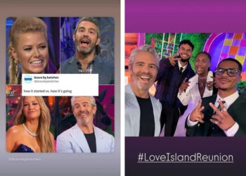 A split with Andy Cohen posting a meme and a photo of him and the Love Island USA Season 7 cast.