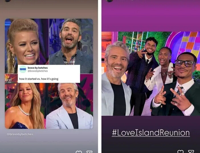A split with Andy Cohen posting a meme and a photo of him and the Love Island USA Season 7 cast.