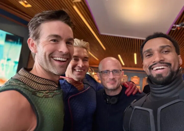 Chace Crawford, Antony Starr, Eric Kripke, and Nathan Mitchell behind the scenes of 'The Boys' Season 5