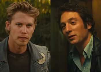 Austin Butler wearing denim biker jacket in The Bikeriders/ Jeremy Allen White as Bruce Springsteen in Springsteen: Deliver Me from Nowhere (side by side image).