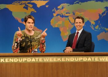 Bill Hader, left, as his iconic “SNL” character Stefon on "Weekend Update" with Seth Meyers in 2010.