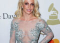 Britney Spears wearing a custom Uel Camilo dress, Loriblu shoes and bag, and a Jen Hansen ring arrives at The Recording Academy And Clive Davis' 2017 Pre-GRAMMY Gala