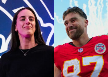 Indiana Fever guard Caitlin Clark (left) reacts after Travis Kelce's podcast revealed Taylor Swift's guest appearance.Grace Smith&comma; Jay Biggerstaff-Imagn Images