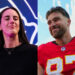 Indiana Fever guard Caitlin Clark (left) reacts after Travis Kelce's podcast revealed Taylor Swift's guest appearance.Grace Smith&comma; Jay Biggerstaff-Imagn Images