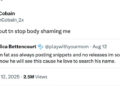 Tweet by Cash Cobain responding to a post by Shenellica Bettencourt about body shaming and music releases.