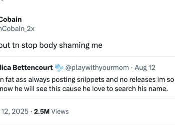 Tweet by Cash Cobain responding to a post by Shenellica Bettencourt about body shaming and music releases.