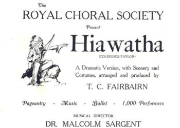 Black and white poster of Hiawatha for the Royal Choral Society with a small illustration of a Native American man.