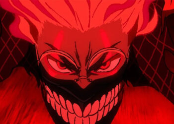 A monster lit by red light and smiling during Dan Da Dan season 1 episode 4. .