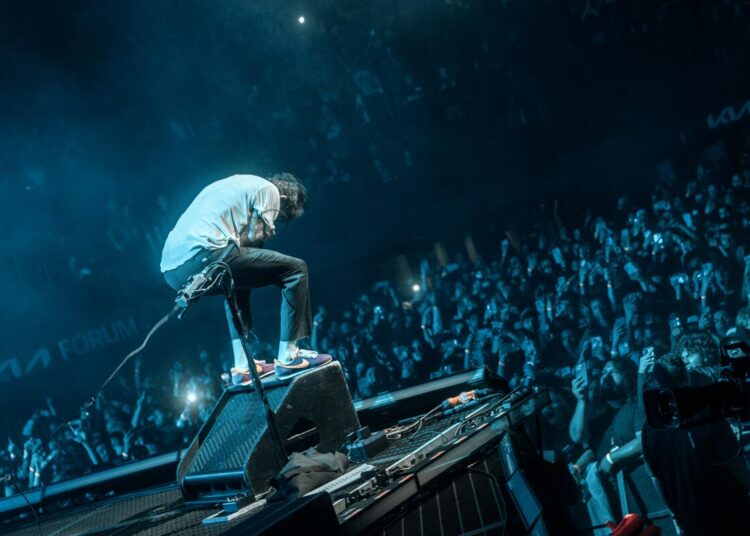 A singer perfoming in front of a large crowd.