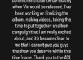 Text from Doja Cat's Instagram story explaining she won't perform at Austin City Limits due to album commitments.