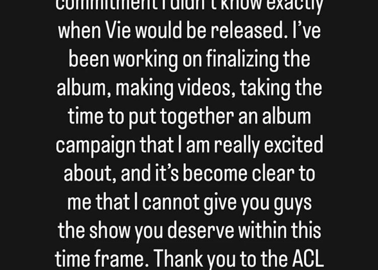 Text from Doja Cat's Instagram story explaining she won't perform at Austin City Limits due to album commitments.