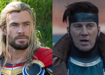 Chris Hemsworth as Thor in Thor: Love And Thunder and Channing Tatum as Gambit in Deadpool & Wolverine side-by-side images.