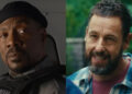 Eddie Murphy looks over seriously in The Pickup, pictured next to Adam Sandler with a mischievous smile in Happy Gilmore 2. .
