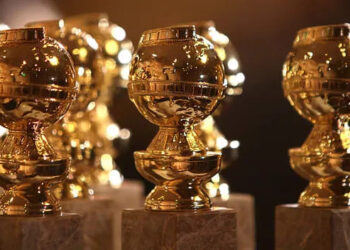 The new 2009 Golden Globe statuettes are on display.