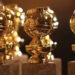The new 2009 Golden Globe statuettes are on display.
