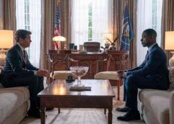 This image released by Disney shows James Marsden, left, and Sterling K. Brown in a scene from "Paradise."