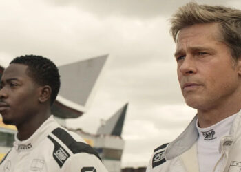 Damson Idris as Joshua Pearce and Brad Pitt as Sonny Hayes in Apple Original Films’ “F1 The Movie,” now in theaters and IMAX.