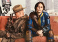 The Ghoul leans on Lucy on an orange couch in the Wasteland in art from Amazon announcing Fallout season 2