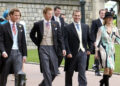 Prince William (left), Prince Harry (second left), Peter Phillips (second right) and Zara Phillips arriving for the wedding of the Prince of Wales and Camilla Parker Bowles. Photo credit should read: Martin Hayhow/PA