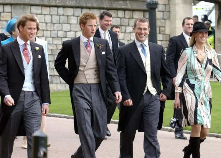 Prince William (left), Prince Harry (second left), Peter Phillips (second right) and Zara Phillips arriving for the wedding of the Prince of Wales and Camilla Parker Bowles. Photo credit should read: Martin Hayhow/PA