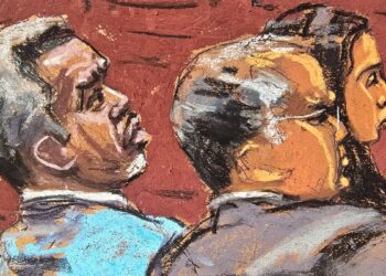 A sketch showing P. Diddy and his lawyers in court.