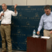 Mayor Josh Schroeder, left, had a conversation with Patrick Rose from Corridor Title about future development in the city, water and wastewater and road projects. (Photo by Kaitlyn Wilkes)