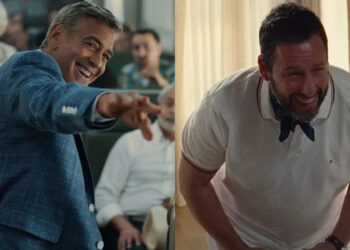 George Clooney pictured pointing and laughing, next to Adam Sandler doubled over in laughter, from Jay Kelly. .