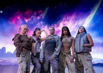 Five individuals pose confidently in futuristic, casual outfits, with an outer space backdrop featuring stars and planets