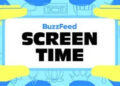 Illustration of hands holding a phone displaying "BuzzFeed Screen Time" on the screen, with abstract icons in the background