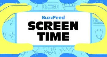 Illustration of hands holding a phone displaying "BuzzFeed Screen Time" on the screen, with abstract icons in the background