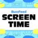 Illustration of hands holding a phone displaying "BuzzFeed Screen Time" on the screen, with abstract icons in the background
