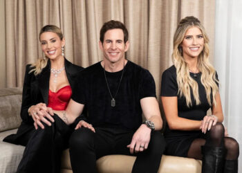 Heather El Moussa, from left, Tarek El Moussa and Christina Haack pose for a portrait to promote "The Flip Off" on Tuesday, Jan. 28, 2025, in Los Angeles. (Photo by Rebecca Cabage/Invision/AP)