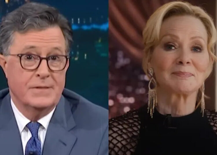 Side by side of Stephen Colbert announcing The Late Show's cancellation and Jean Smart as Deborah Vance in Hacks announcing her departure from late night.