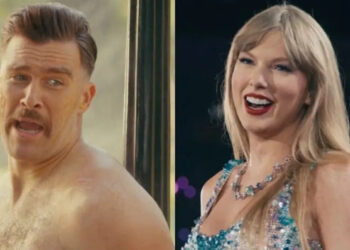 From left to right: Travis kelce screaming while shirtless and covered in honey in Happy Gilmore 2 and Taylor Swift smiling on the Eras Tour.