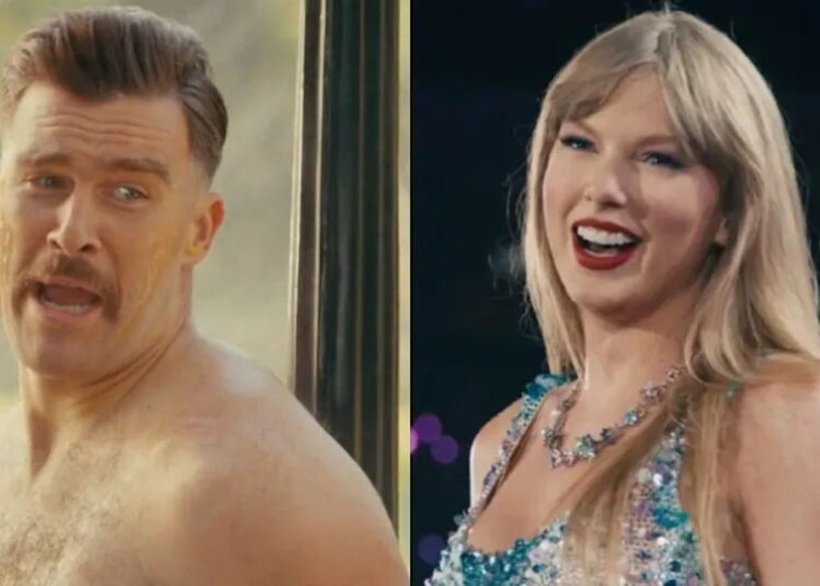 From left to right: Travis kelce screaming while shirtless and covered in honey in Happy Gilmore 2 and Taylor Swift smiling on the Eras Tour.