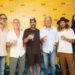 FROM LEFT, Ben Bachar, the film’s director, with actors Shalom Michaelshwilli and Avi Israelof, producer Moshe Edery, and actors Tzion Baruch and Emma Medding, as they toast ‘Saving Shuli-San’s millionth ticket sale. (photo credit: RAFI DELOYA)