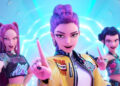 From left to right: Mira, Rumi and Zoey all holding up thier left pointer fingers and shaking them. .