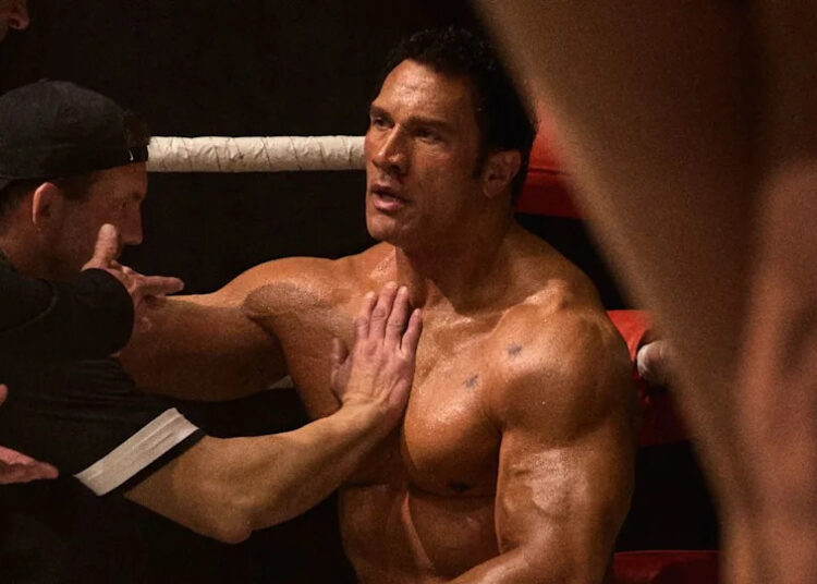 Dwayne Johnson as Mark Kerr in The Smashing Machine.