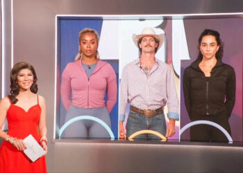 Julie Chen Moonves in front of a screen with Mickey, Rylie and Morgan in Big Brother Season 27.