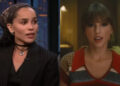 From left to right: Zoe Kravitz on Late Night with Seth Meyers and Taylor Swift in the "Anti-Hero" music video.