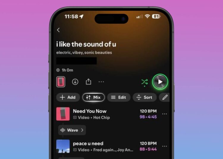 A screen shot of an audio-mixed Spotify playlist on shuffle