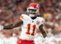 Aug 9, 2025; Glendale, Arizona, USA; Kansas City Chiefs wide receiver Jalen Royals (11) against the Arizona Cardinals during a preseason NFL game at State Farm Stadium. Mandatory Credit: Mark J. Rebilas-Imagn Images