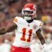 Aug 9, 2025; Glendale, Arizona, USA; Kansas City Chiefs wide receiver Jalen Royals (11) against the Arizona Cardinals during a preseason NFL game at State Farm Stadium. Mandatory Credit: Mark J. Rebilas-Imagn Images