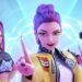 This image released by Netflix shows characters, from left, Rumi, Zoey, and Mira in a scene from "KPop Demon Hunters." (Netflix via AP)
