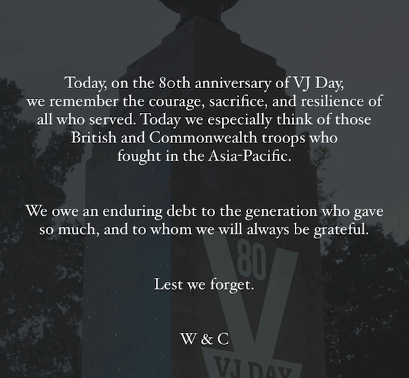 Kate Middleton and Prince William share special message on 80th anniversary of VJ Day