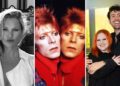Composite image featuring headshots of Kate Moss and David Bowie alongside a photo of Nick Grimshaw and Beth Ditto hugging and smiling to camera.